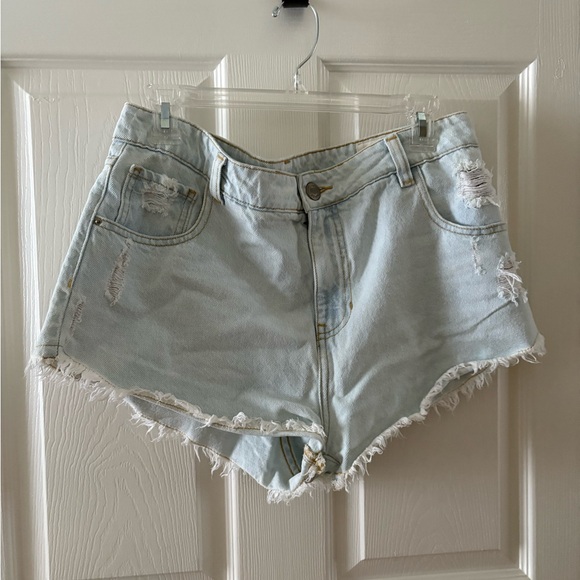 High Waist Light Blue Faded Denim Shorts - Picture 1 of 5